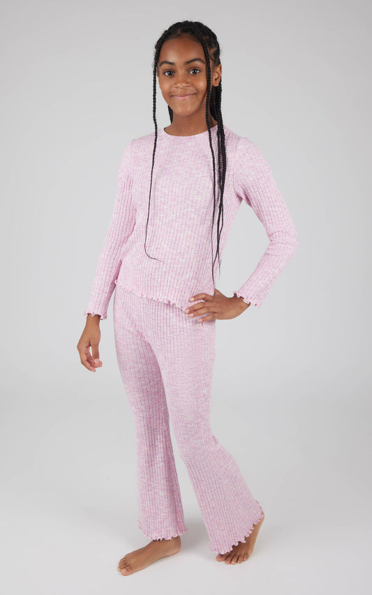 90 Degree by Reflex - Girls Rib Knit Lettuce Edge Top and Flare Pant - Set : PINK FROSTING/FUCHSIA PINK/SUPER PINK/WHITE