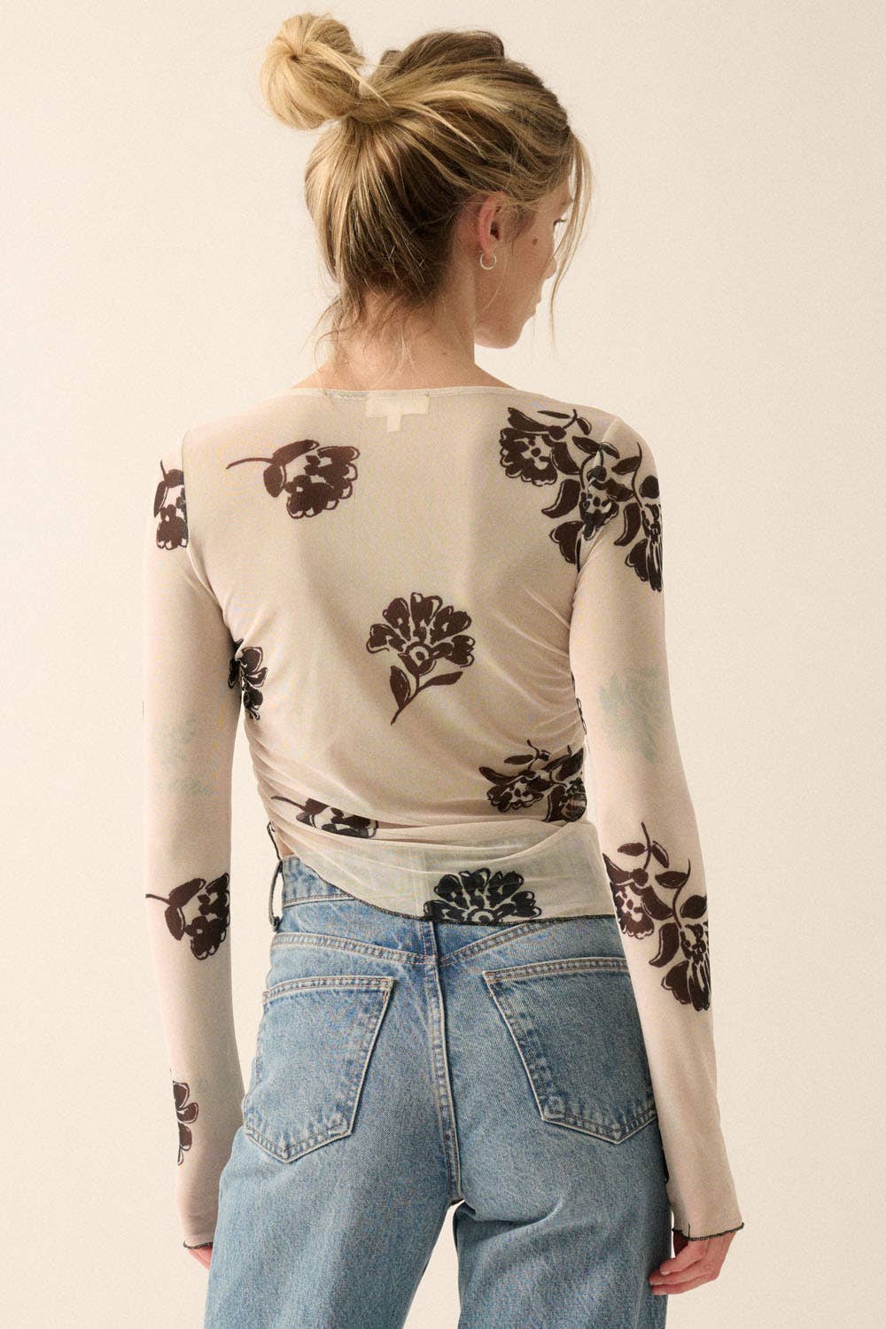 Promesa USA - Floral Mesh Asymmetrical Hem Cropped Knit Top