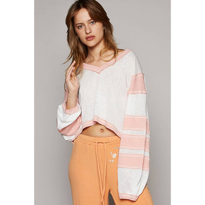 Pol Clothing - Oversize V-Neck Long Sleeve Basic Crop Top - Pink