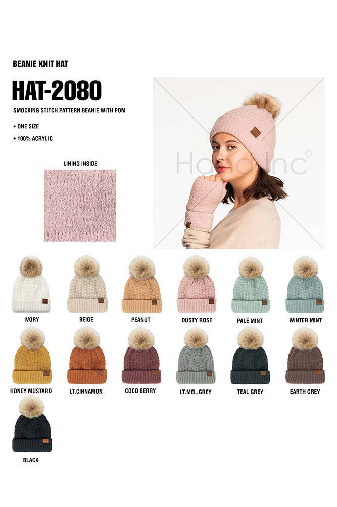 Hana - C.C Smocking Stitch Pattern Cuff Beanie with Pom Winter Hat