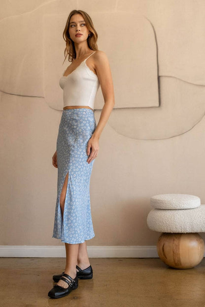 The Workshop Studio - Floral Side Slit Midi Skirt - Dusty Blue