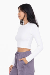 Mono B - Essential Micro-Ribbed Long-Sleeved Cropped Athleisure Top - White