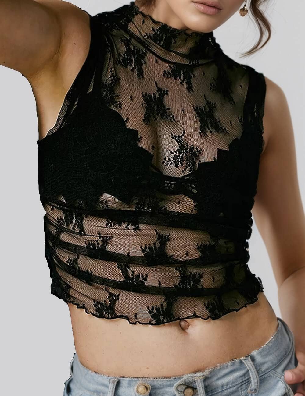 Sweetkama - Ladies Lux Floral See Through Lace Sleeveless Blouse SKT274