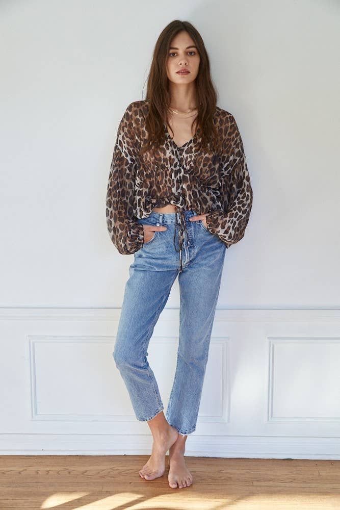 By Together - Leopard Print Button Down Tie Front Top