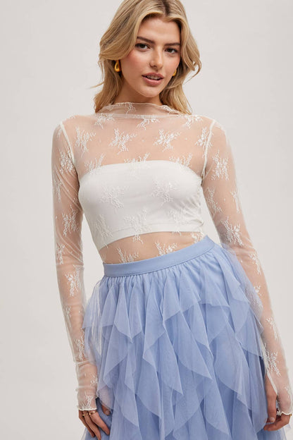 Bluivy - Floral Embroidery Lace Mesh Layering Top - White