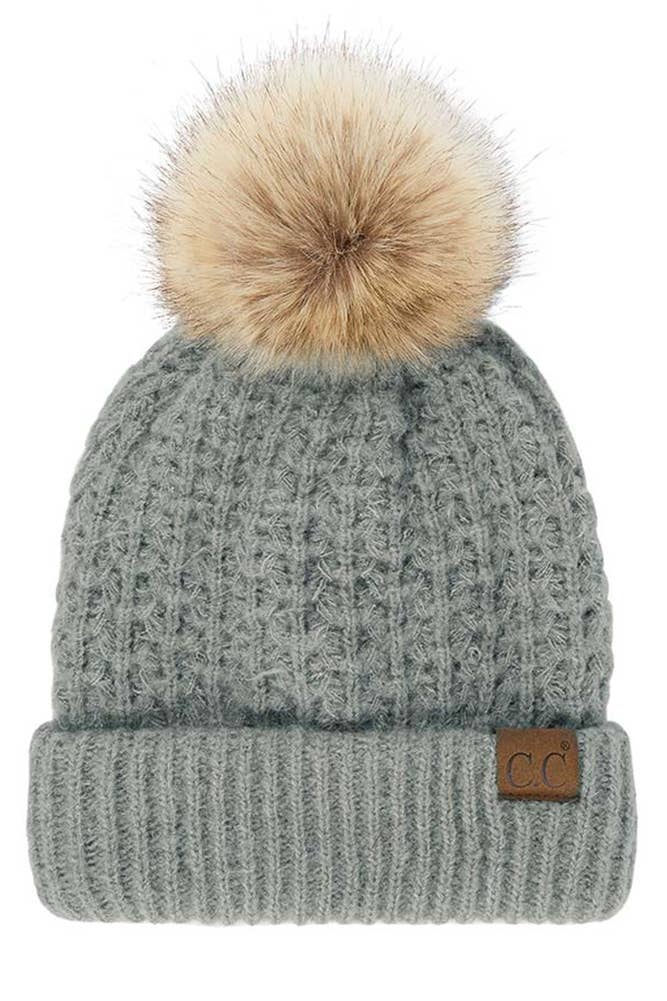 Hana - C.C Smocking Stitch Pattern Cuff Beanie with Pom Winter Hat