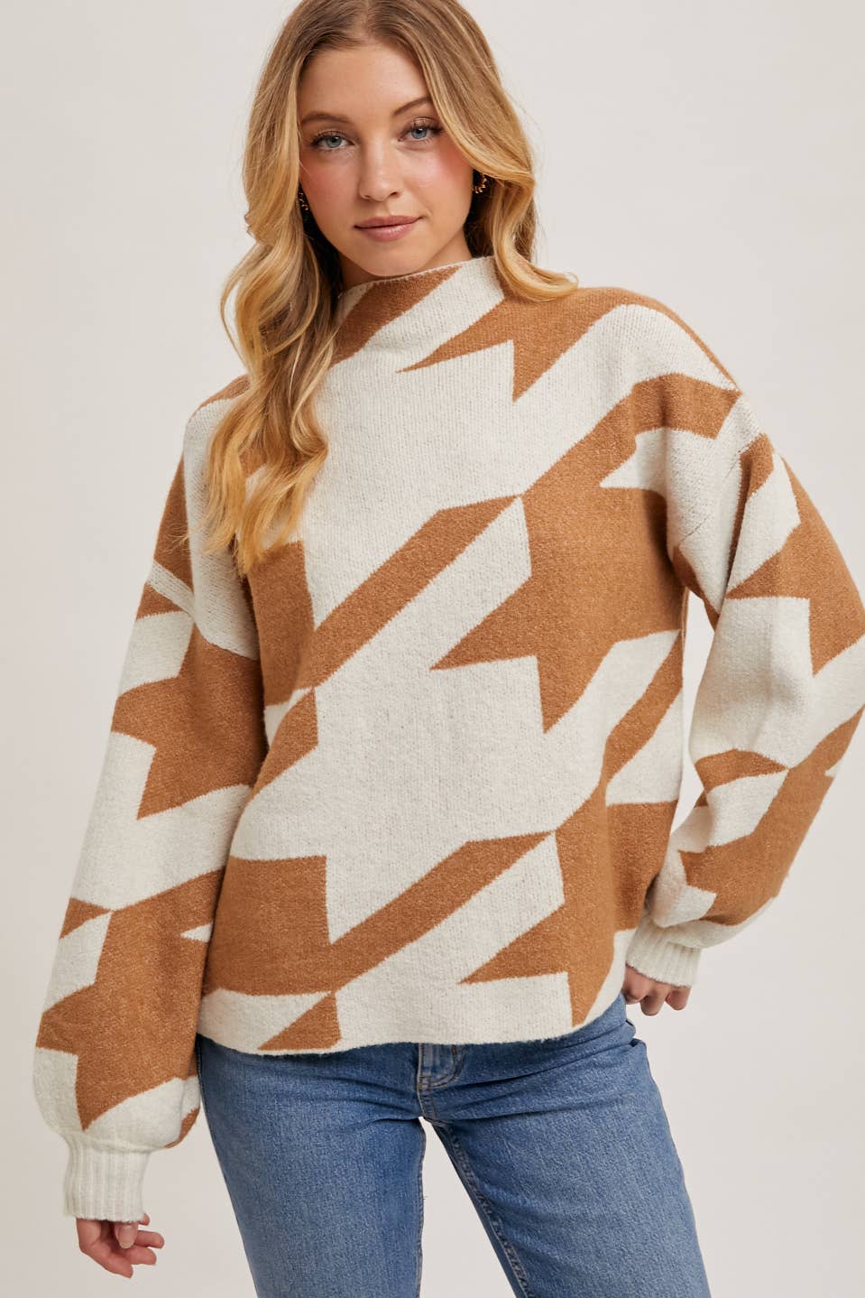 Bluivy - HOUNDSTOOTH MOCK NECK LOOSE FIT KNIT SWEATER
