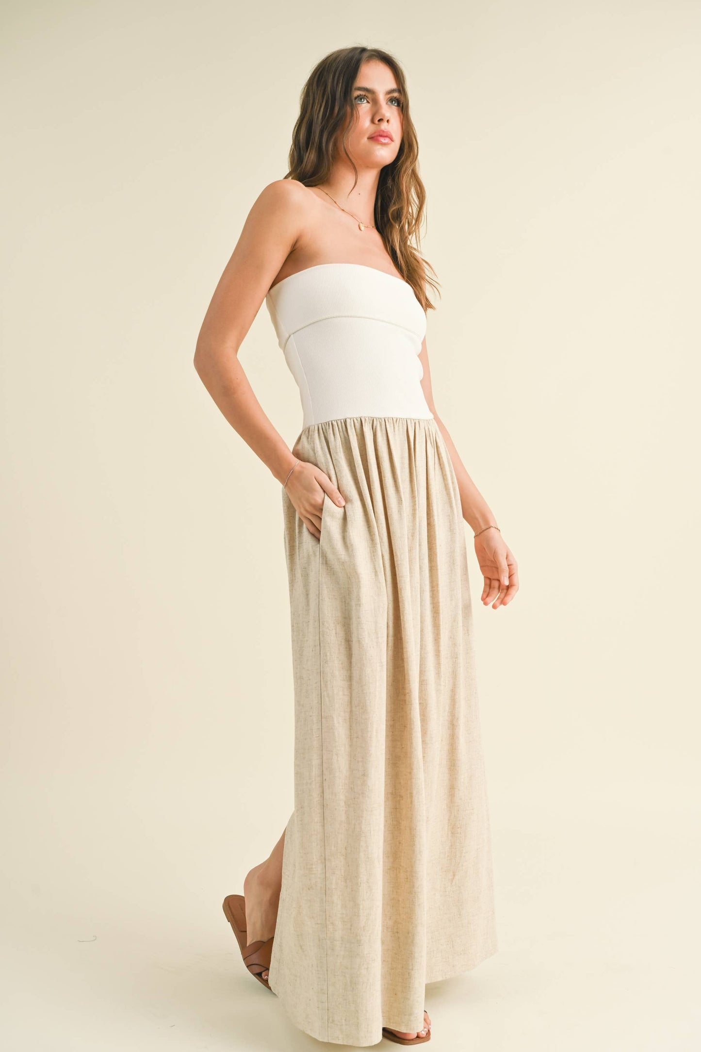 Miou Muse -Linen with Ribbed Knit Top Combo Dress