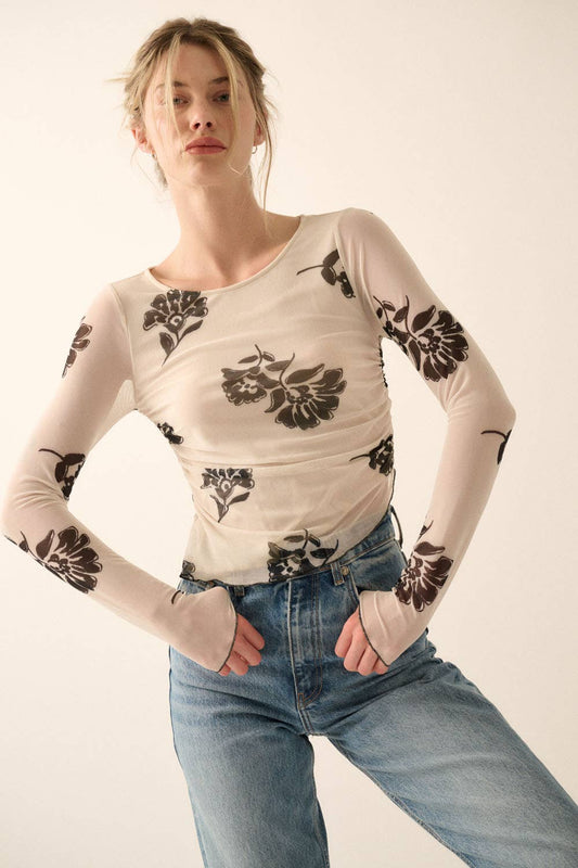 Promesa USA - Floral Mesh Asymmetrical Hem Cropped Knit Top