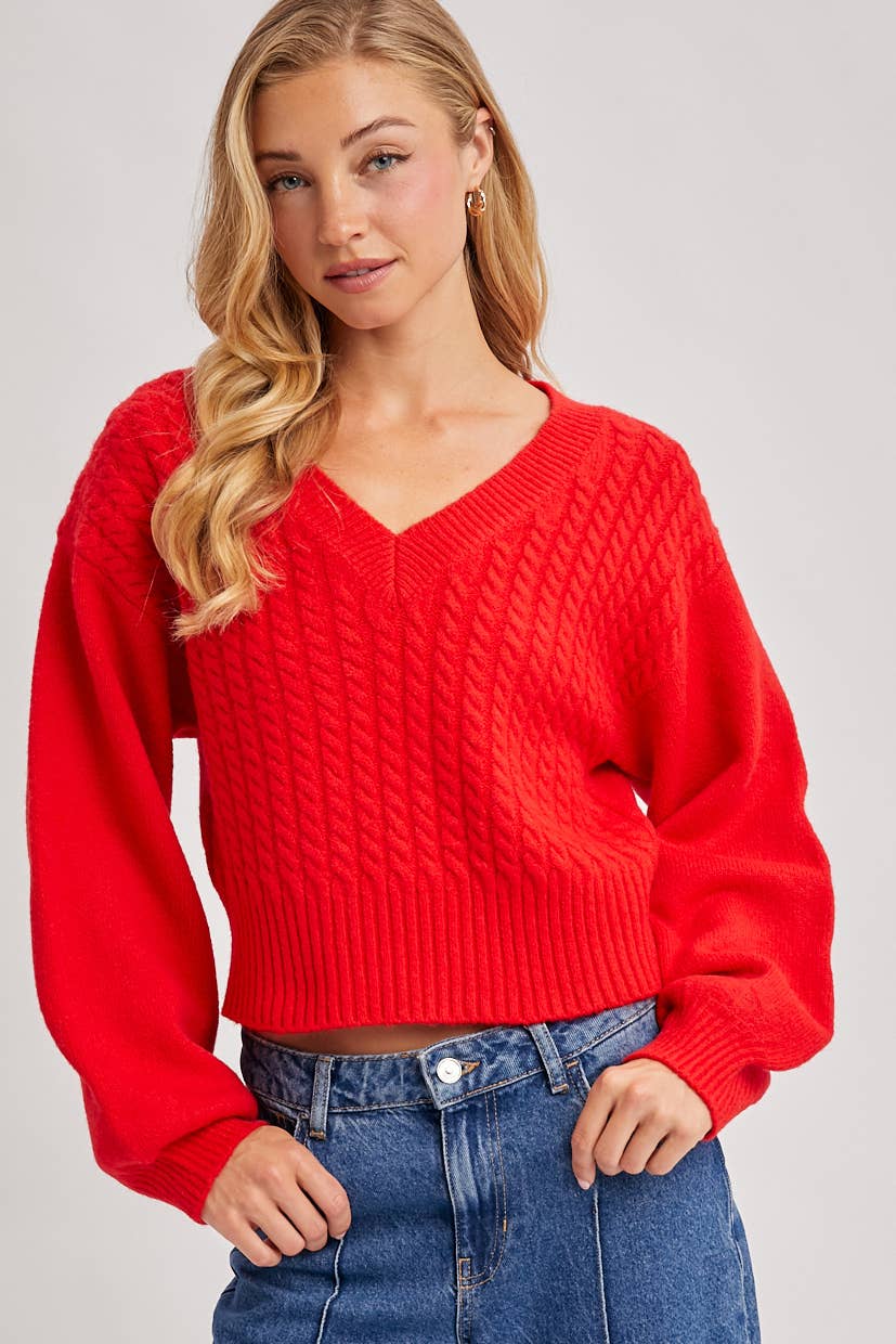 Bluivy - CROPPED V-NECK CABLE KNIT SWEATER