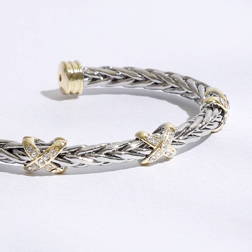 Fashion City - Three CZ X Stations Braided Bangle Bracelet
