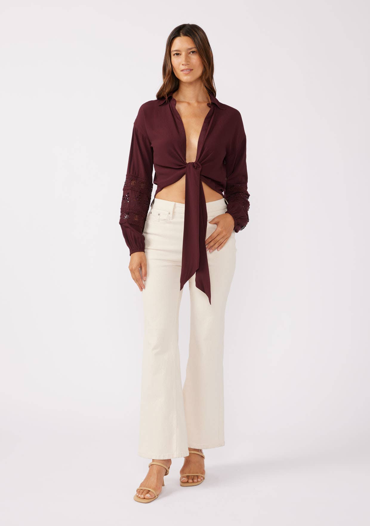 Lovestitch - Embroidered Long Sleeve Tie-Front Blouse - Merlot