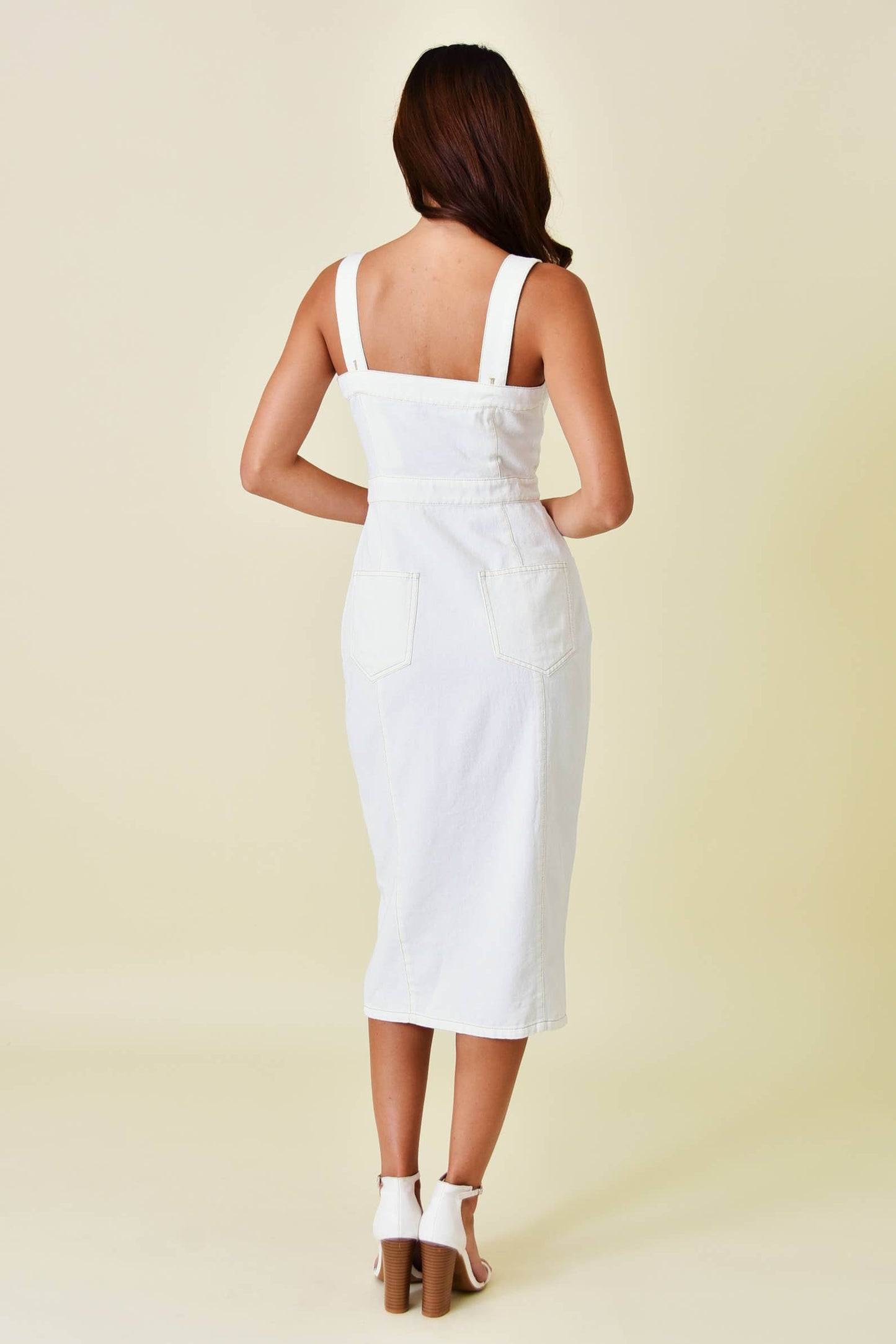 Fore Collection - Sleeveless Buttoned Denim Midi Dress - White