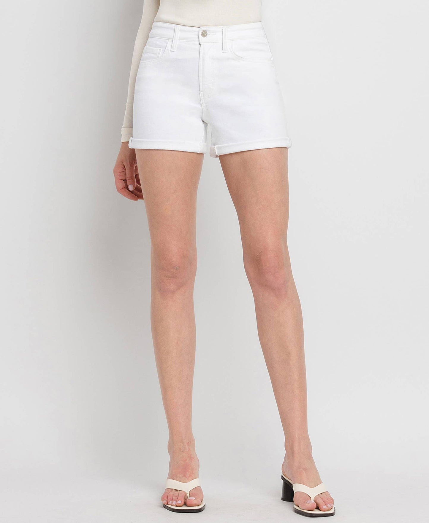 Vervet by Flying Monkey - High Rise Double Cuff Denim Shorts - White