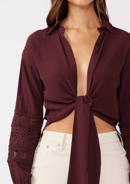 Lovestitch - Embroidered Long Sleeve Tie-Front Blouse - Merlot