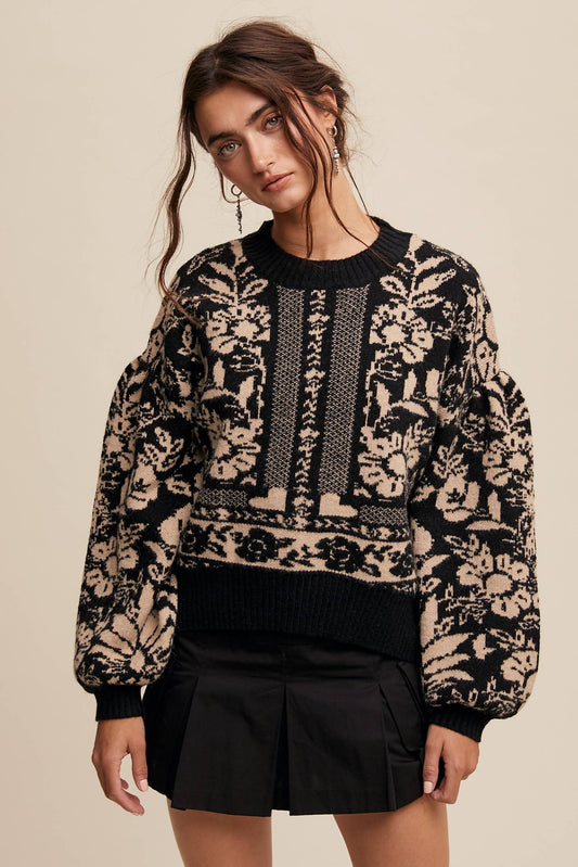 Sheer Trend - Vintage Flower Pattern Crew Neck Knit Sweater