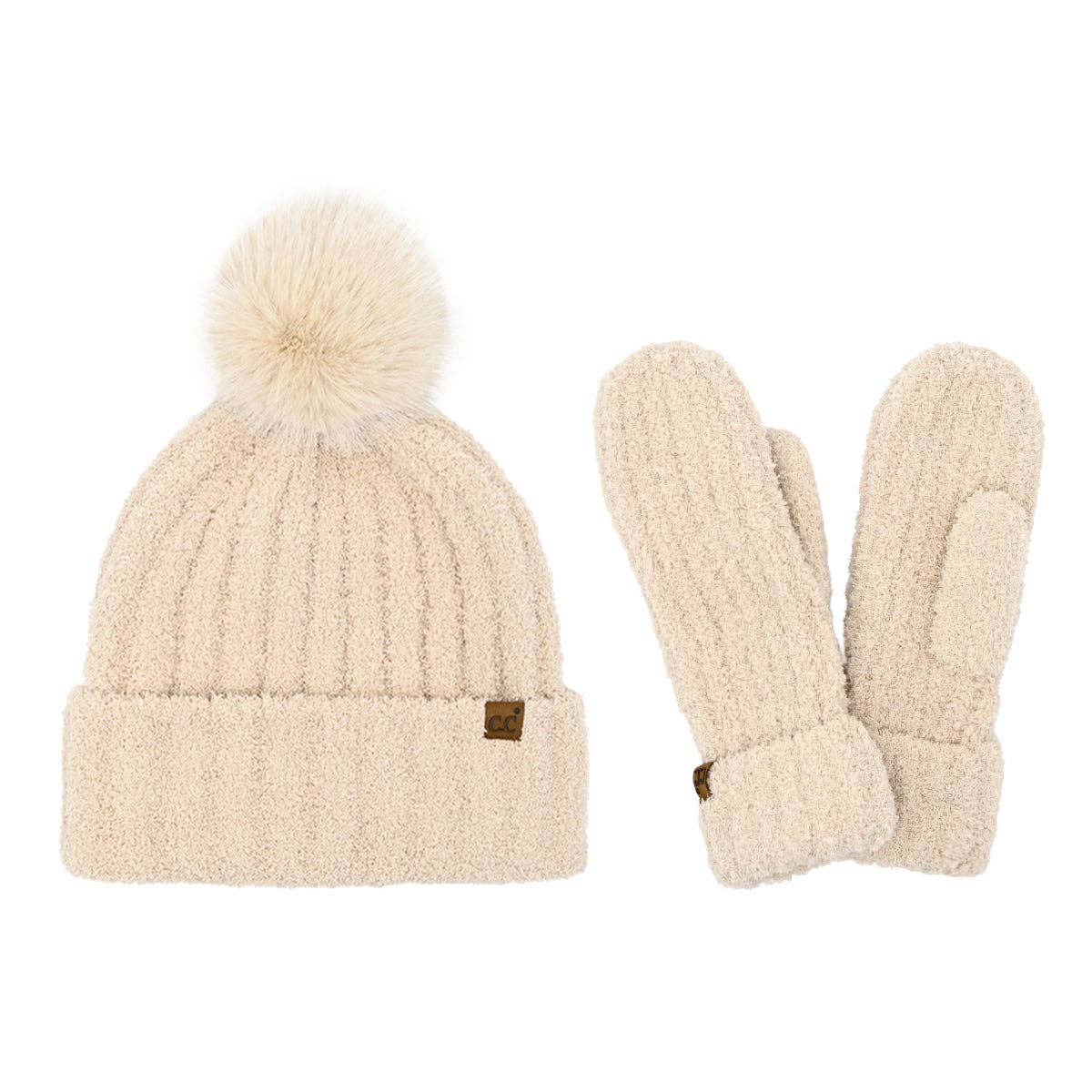 C.C Beanie - Cozy Yarn C.C Hat and Mitten Set - Beige