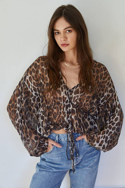 By Together - Leopard Print Button Down Tie Front Top