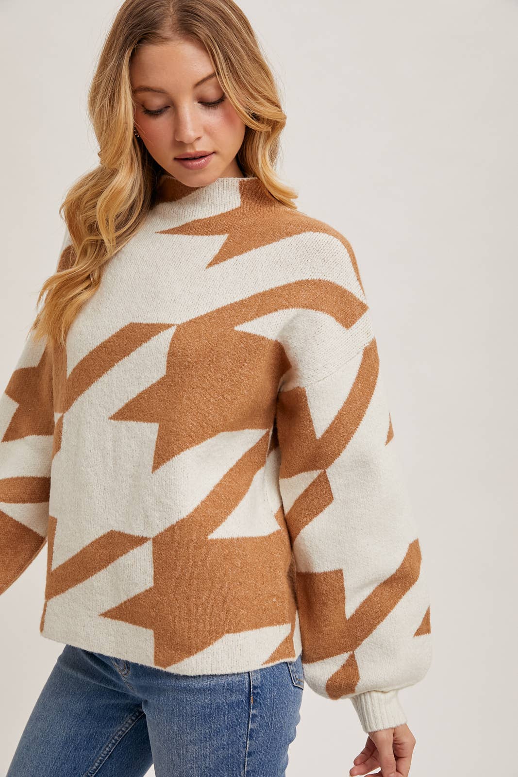 Bluivy - HOUNDSTOOTH MOCK NECK LOOSE FIT KNIT SWEATER