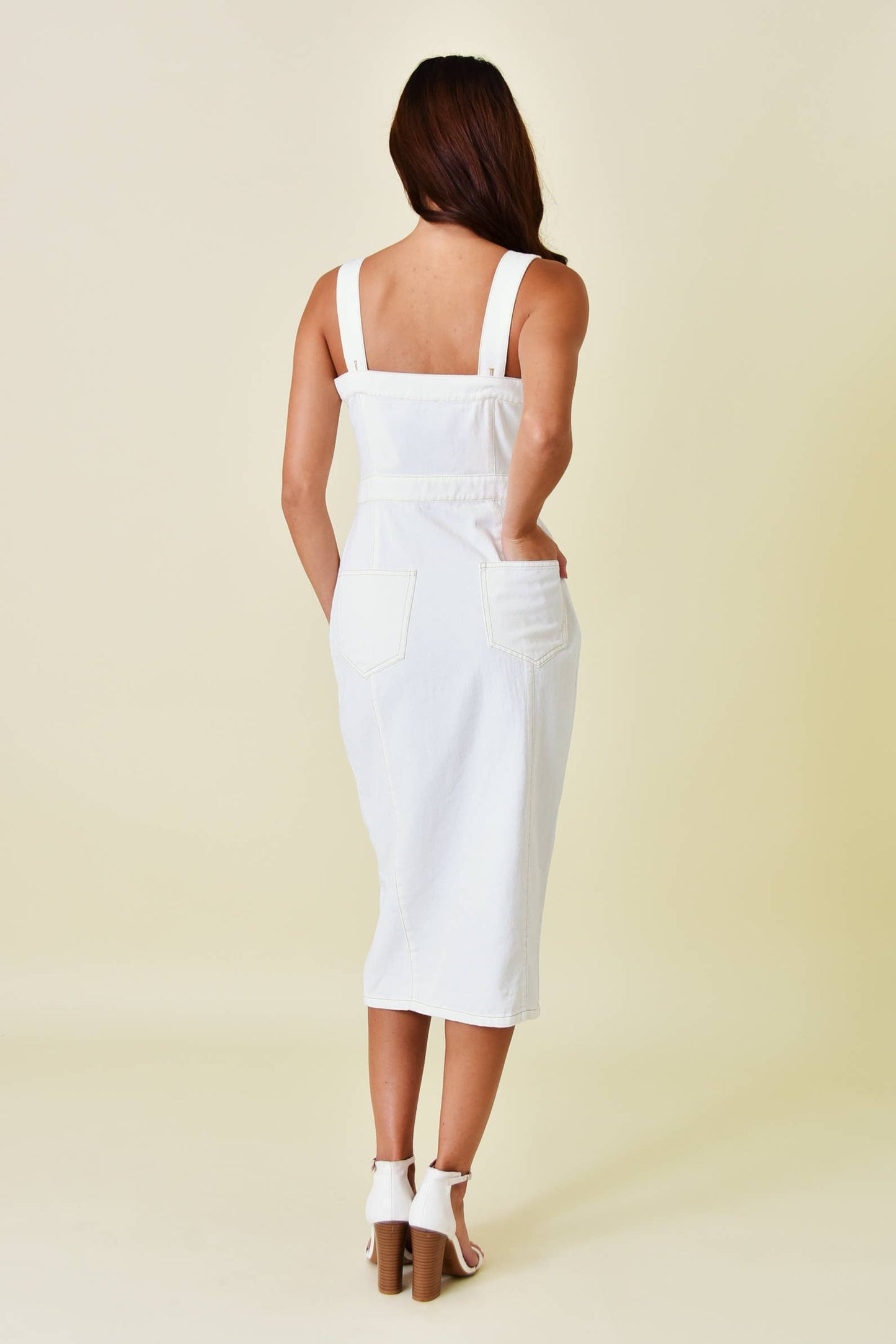 Fore Collection - Sleeveless Buttoned Denim Midi Dress - White