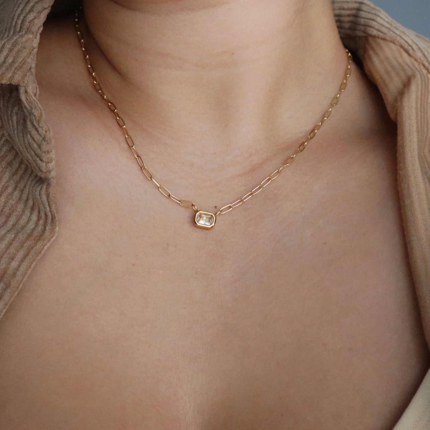 JESSA Jewelry - Rectangular Gem Necklace | Paperclip Pendant Necklace