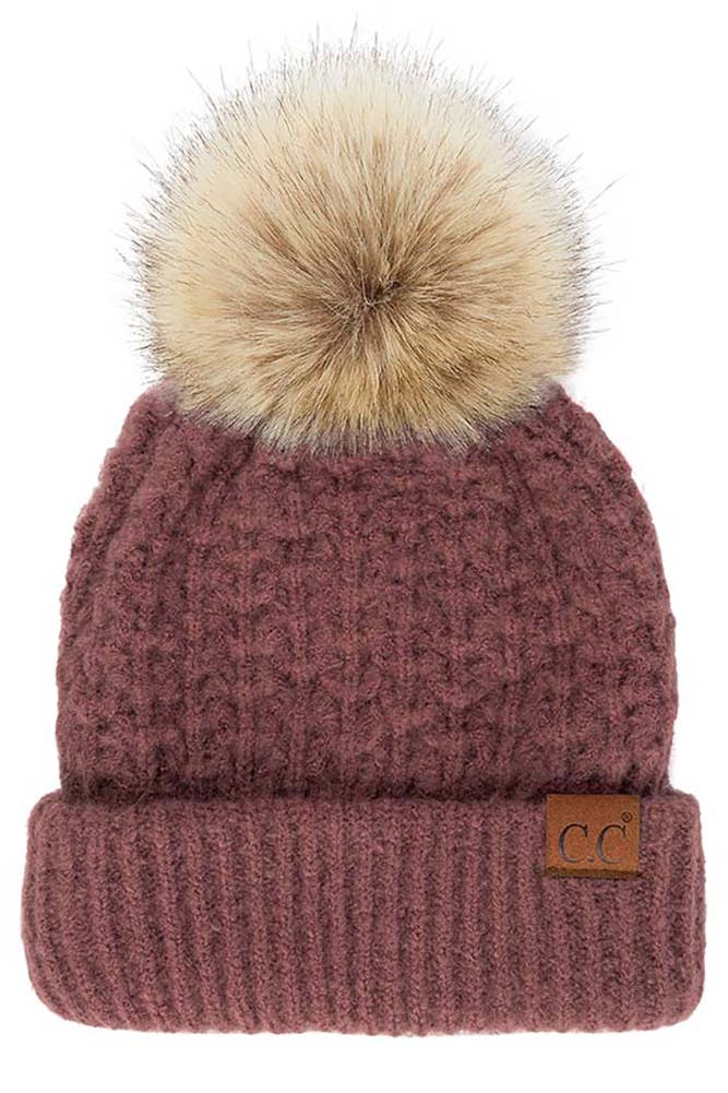 Hana - C.C Smocking Stitch Pattern Cuff Beanie with Pom Winter Hat