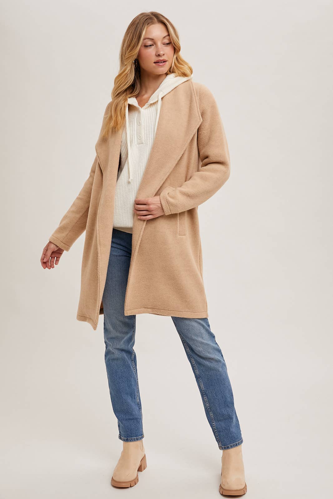 Bluivy - Open Front Knit Coat Jacket - Beige