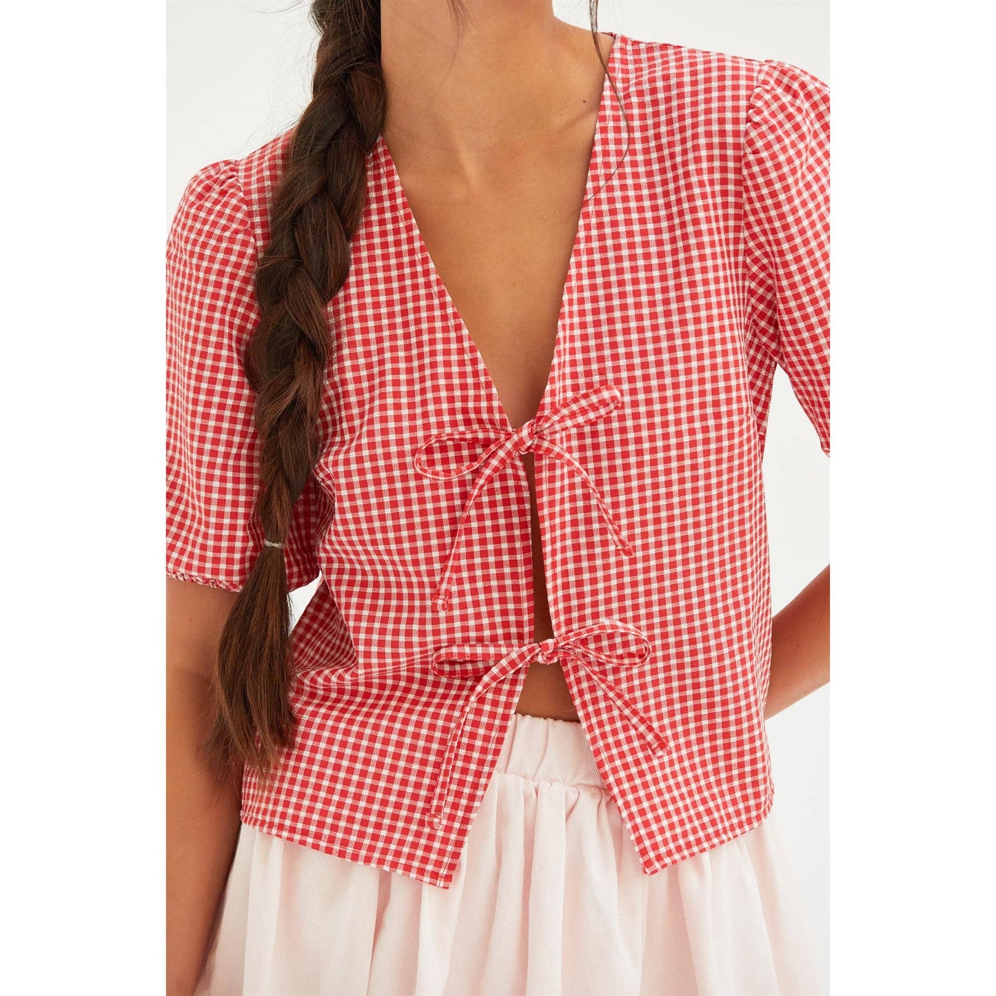 HYFVE - DZ25C145-Gingham Print Bow Tie Puff Sleeve Blouse