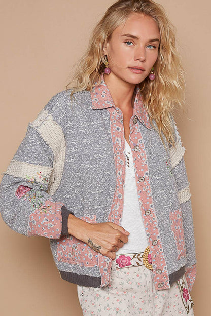 Pol Clothing - Balloon Sleeve Quilted Floral Jacket Knit Top