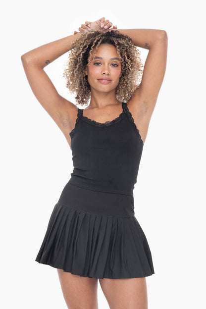 Mono B - Ribbed Lace Trim Tank Top - Black