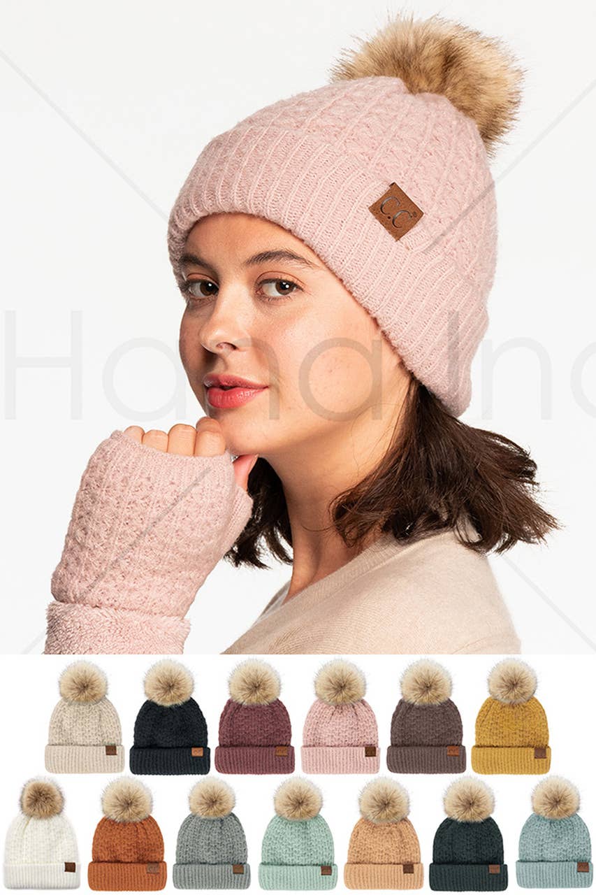 Hana - C.C Smocking Stitch Pattern Cuff Beanie with Pom Winter Hat