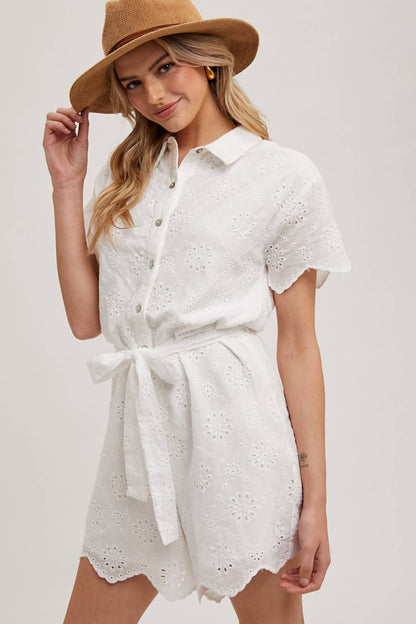 Bluivy - Eyelet Belted Waist Romper