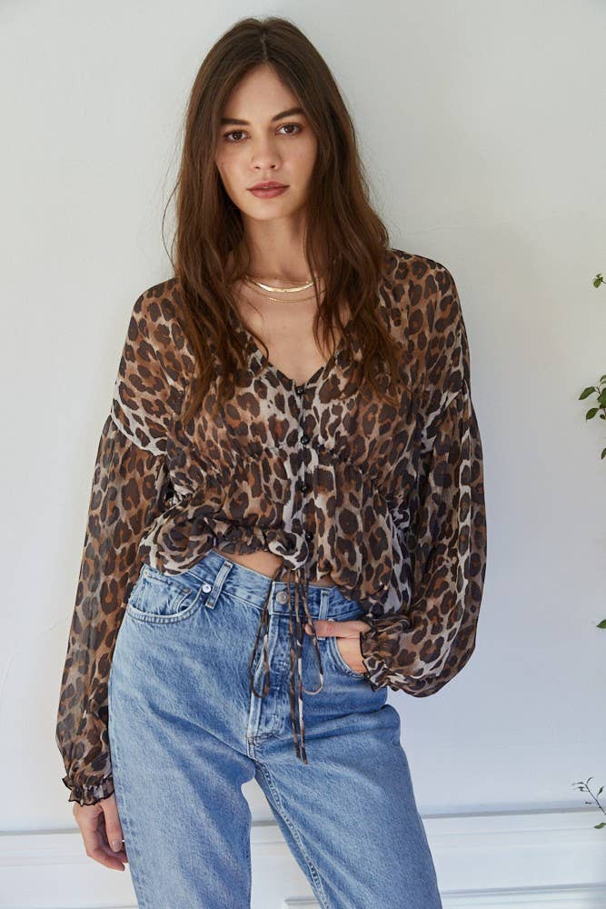 By Together - Leopard Print Button Down Tie Front Top