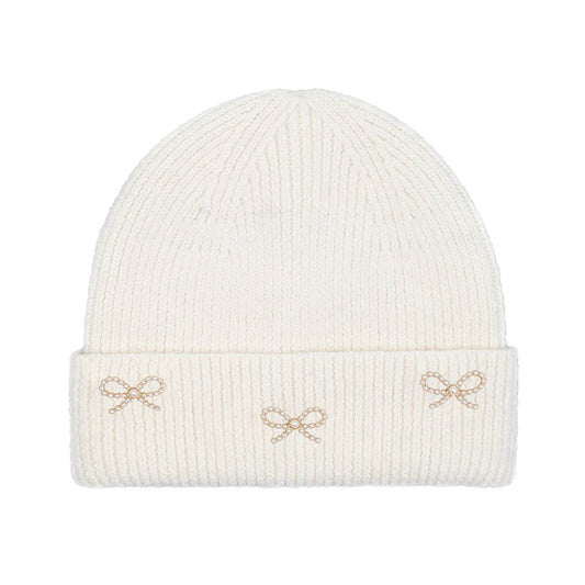 C.C Beanie - Pearl Bow Embellished Cuff C.C Beanie - Ivory