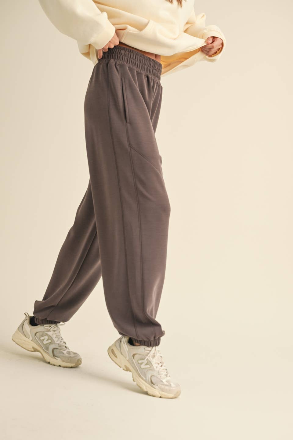 KIMBERLY C - Super Soft Air Scuba Low Rise Jogger Pants - Taupe