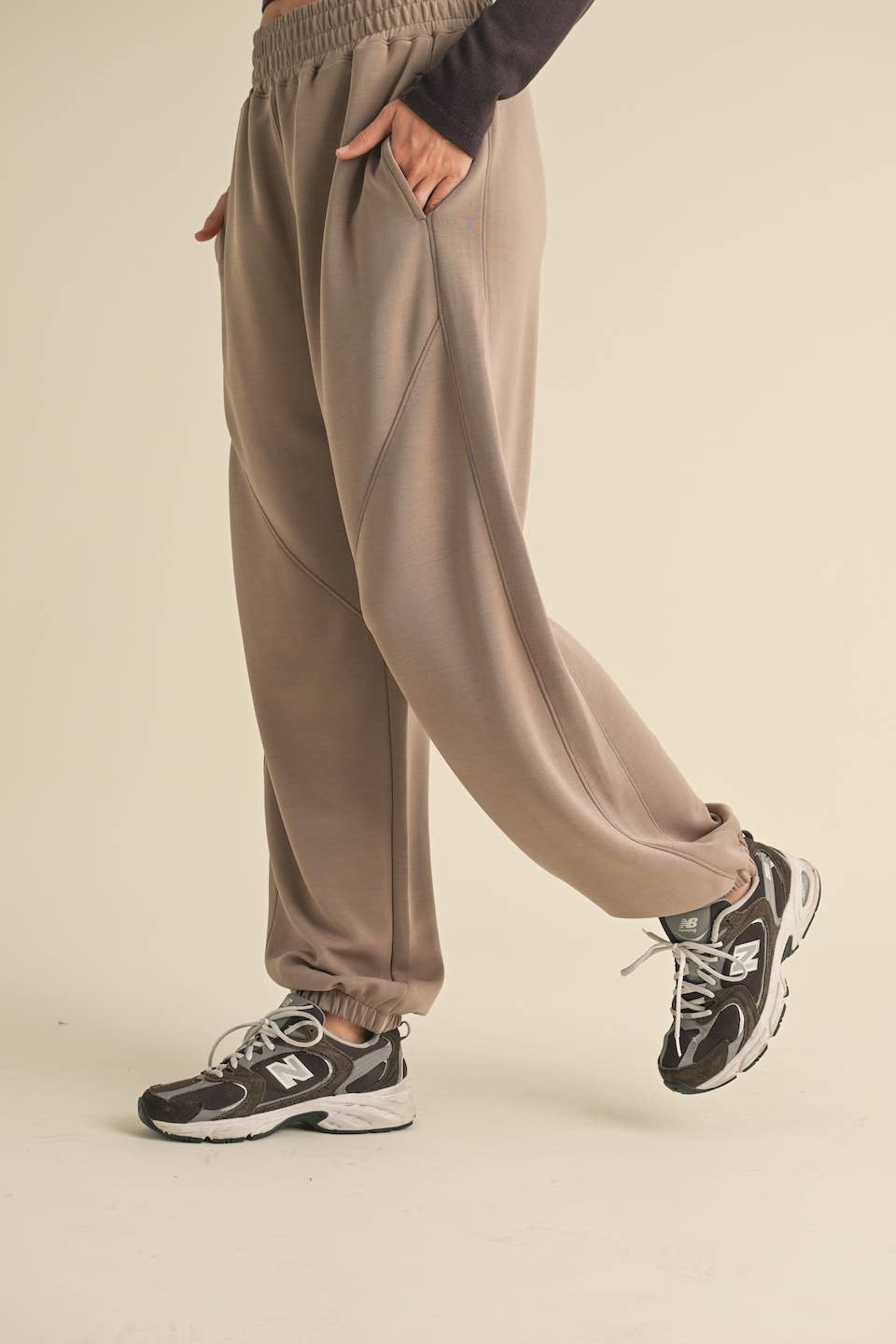 KIMBERLY C - Super Soft Air Scuba Low Rise Jogger Pants - Taupe