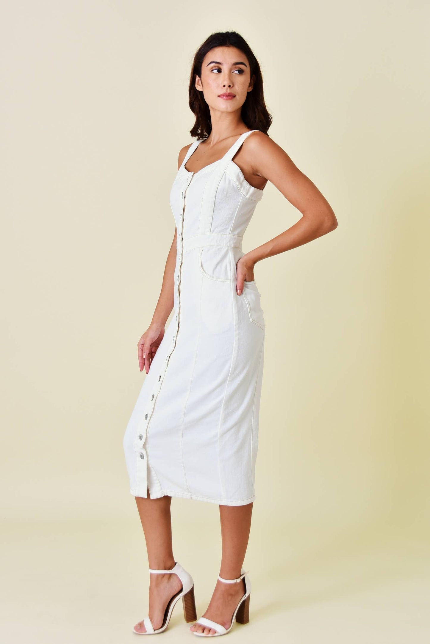 Fore Collection - Sleeveless Buttoned Denim Midi Dress - White