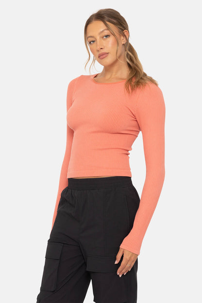 Mono B - Seamless Ribbed Long Sleeve Top - Red Clay