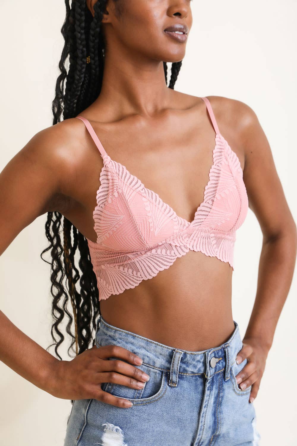 Leto Accessories - Butterfly Scallop Lace Bralette - Blush