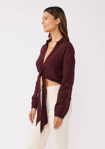 Lovestitch - Embroidered Long Sleeve Tie-Front Blouse - Merlot