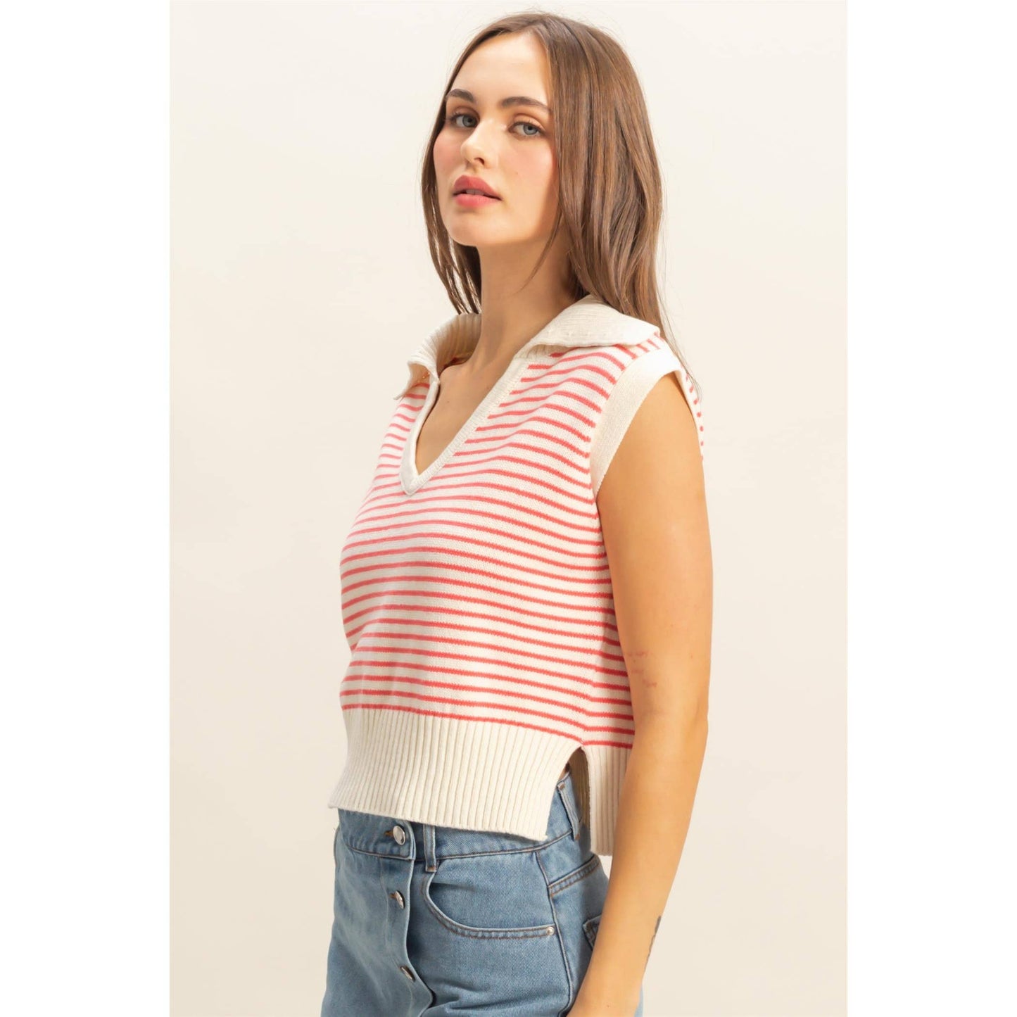 HYFVE - HF25E092-Striped Knit Collared Sleeveless Top