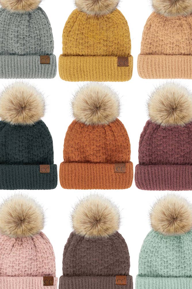 Hana - C.C Smocking Stitch Pattern Cuff Beanie with Pom Winter Hat