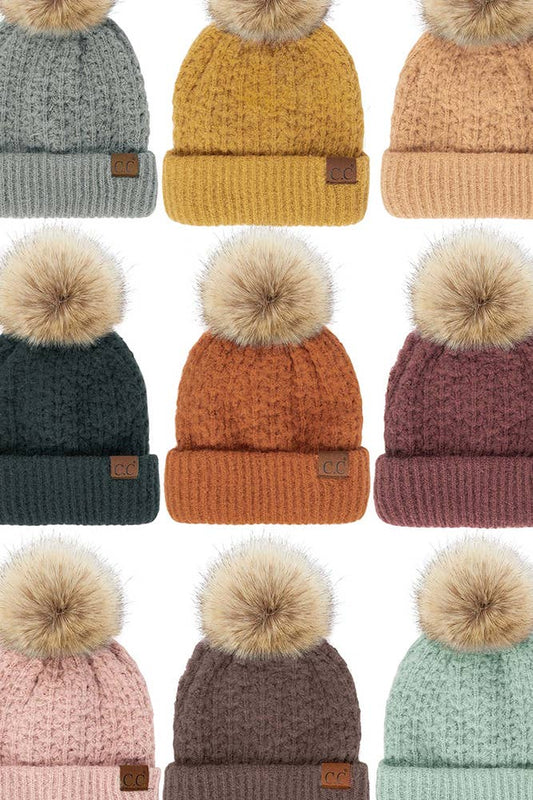 Hana - C.C Smocking Stitch Pattern Cuff Beanie with Pom Winter Hat
