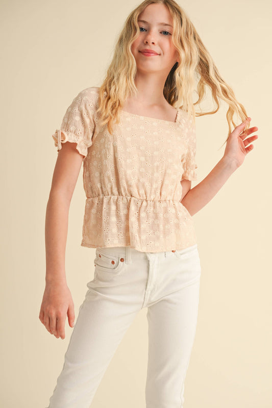 heart and arrow - TWEEN KIDS GIRLS PUFF SLV EMB PEPLUM TOP KT2648 (7-14)