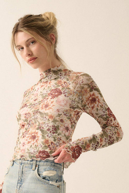 Promesa USA - Floral Mesh Lettuce-Edge Thumbhole High-Neck Top