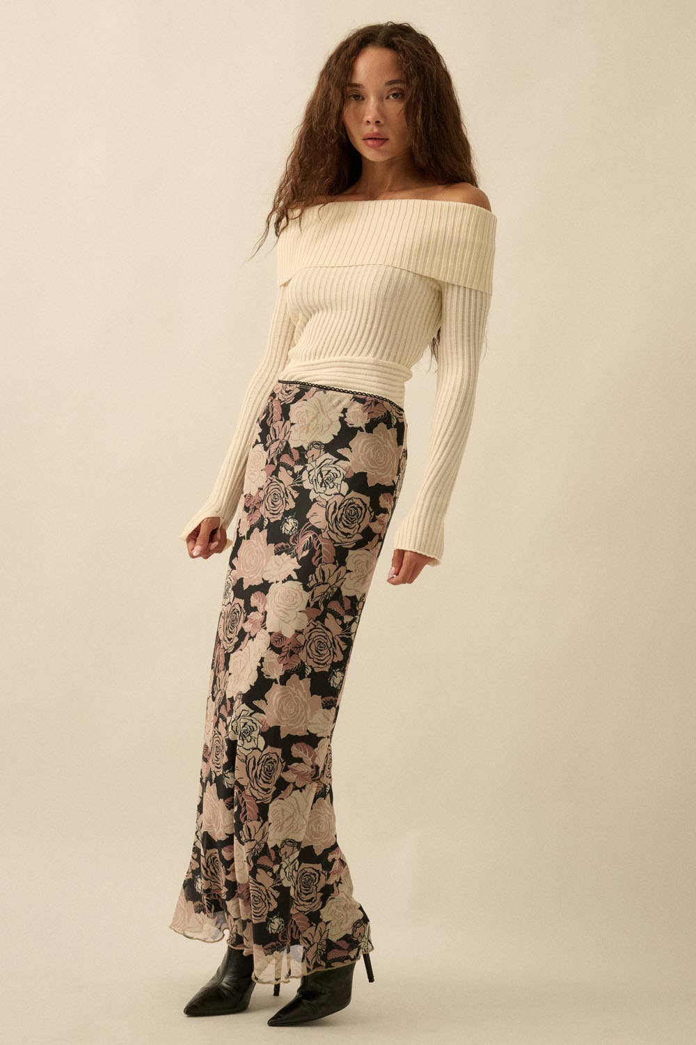 Promesa USA - Floral-Print Mesh Fitted Maxi Skirt
