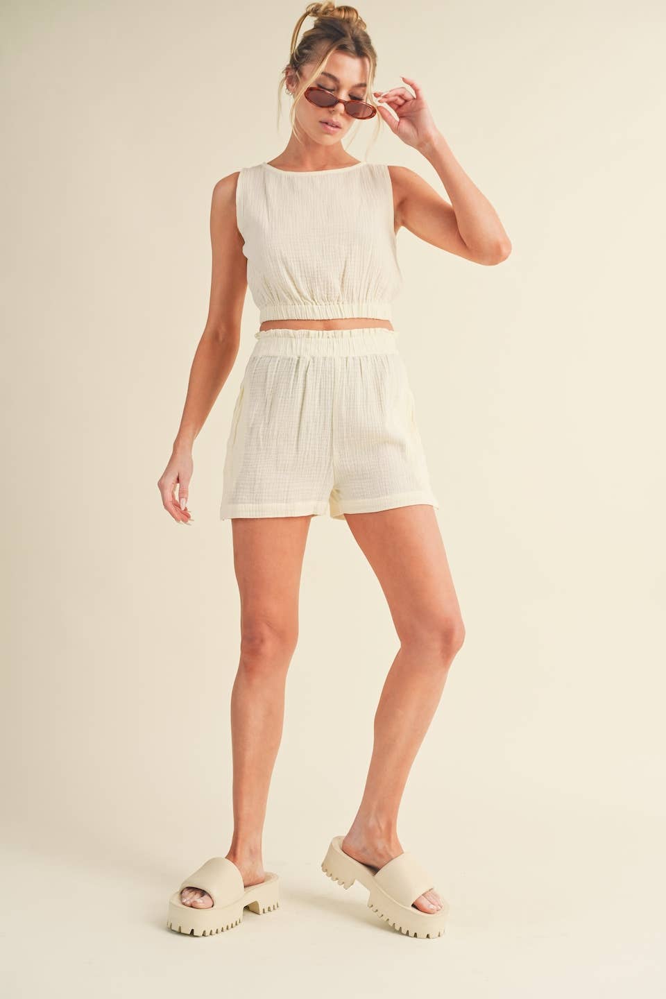 KIMBERLY C - Cotton Gauze Tank Short Set - Cream