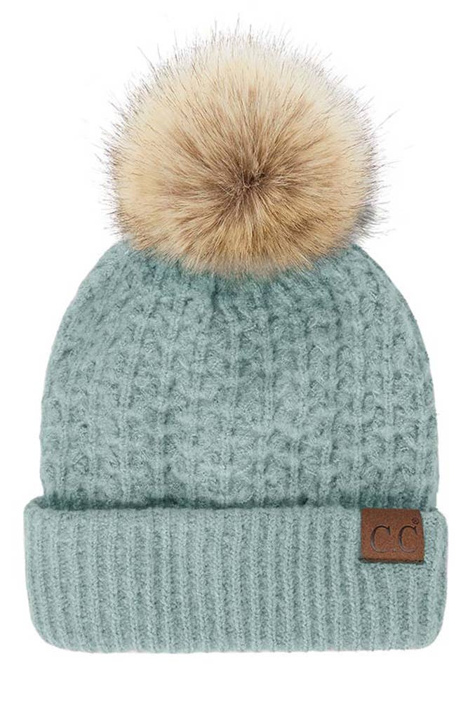 Hana - C.C Smocking Stitch Pattern Cuff Beanie with Pom Winter Hat