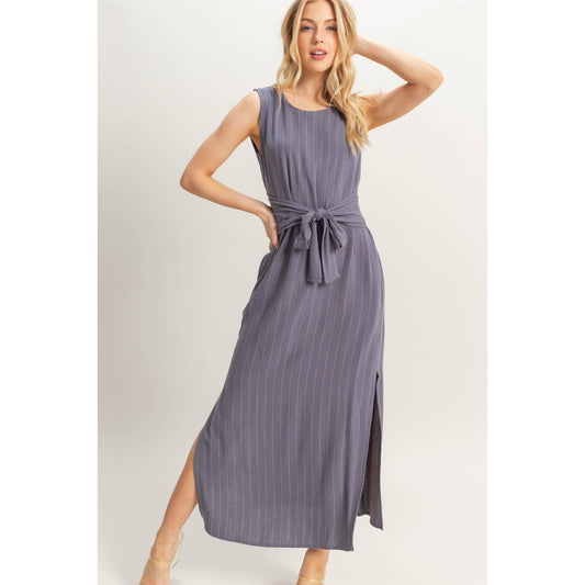 HYFVE - HF25E059-Striped Rayon Linen Side Slit Maxi Dress