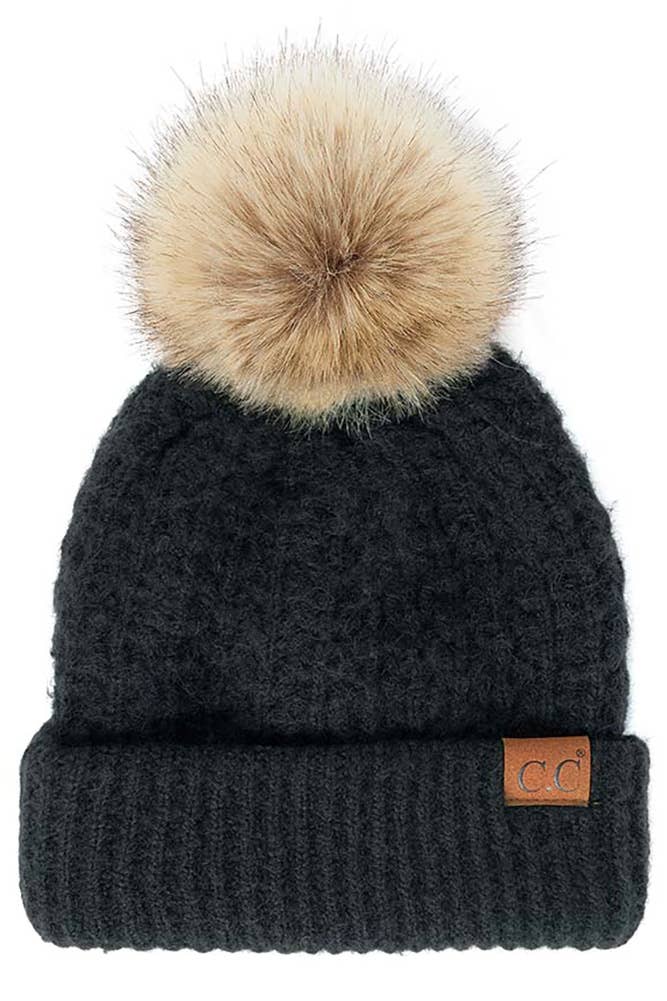 Hana - C.C Smocking Stitch Pattern Cuff Beanie with Pom Winter Hat